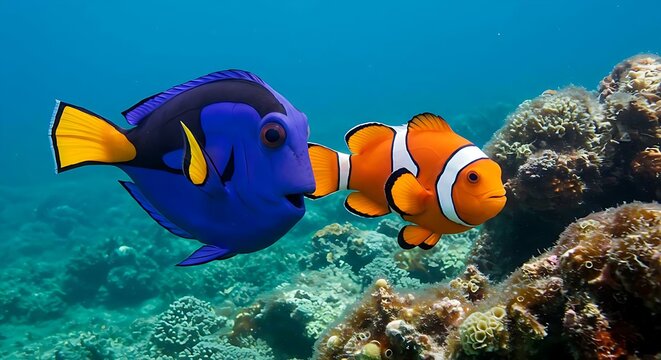 close up of a nemo and dori fish in the sea with coral reef