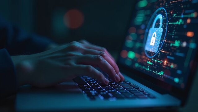 Hands typing secure password on keyboard, login screen with encryption lock, cybersecurity awareness concept, digital privacy protection