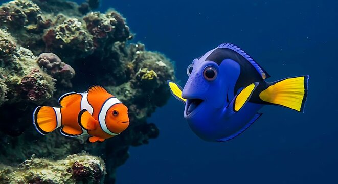 close up of a nemo and dori fish in the sea with coral reef
