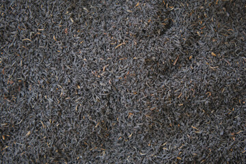 Freshly processed black tea leaves scattered on a flat surface