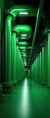 Fototapeta premium A visually striking corridor featuring green pipes and columns, illuminated by artificial light, creating an industrial and futuristic atmosphere.