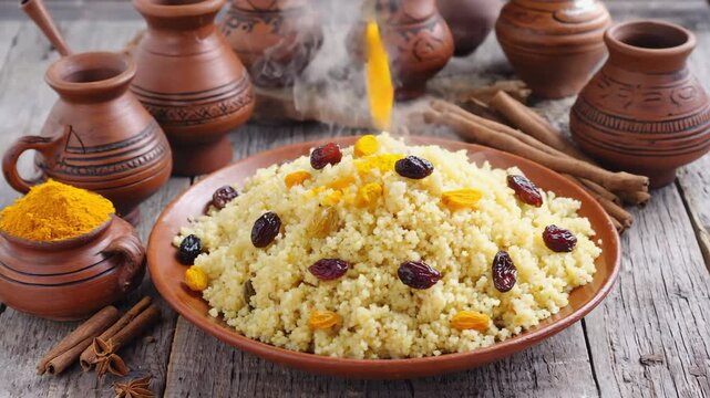 Moroccan couscous, close-up of couscous with cumin and raisins, surrounded by Moroccan spices, rustic table

