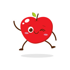 Cute Smiling Red Apple Character Waving – Kawaii Red Fruit Mascot Vector