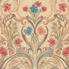 Fototapeta premium Art Nouveau Floral Tapestry: Delicate Hues & Flourishes AI Generated