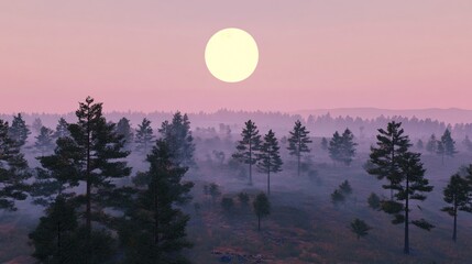 Misty forest at dawn. Lush pines, soft light, serene scene