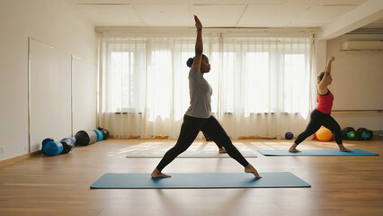People in a yoga class are stretching and balancing in a bright, well-lit studio setting.
