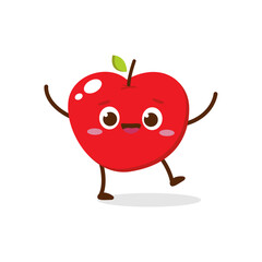 Cute Smiling Red Apple Character Waving – Kawaii Red Fruit Mascot Vector