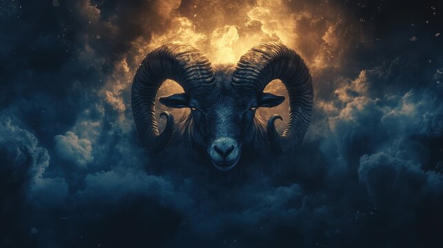 Dark Ram  Mystical Creature  Dramatic Cloudscape