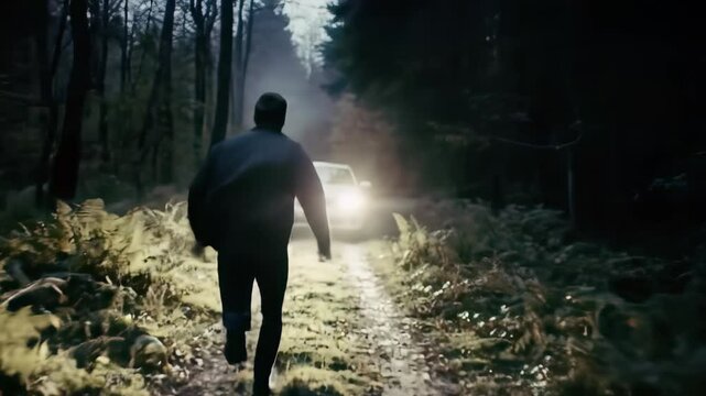 Silhouette of a man running away down a dark forest path towards a distant car light, concept for thriller movie posters, suspenseful film scenes, and mystery book covers