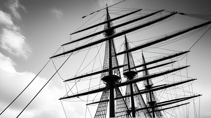 Fototapeta premium Ship masts in the sky, bottom view, black and white photo.