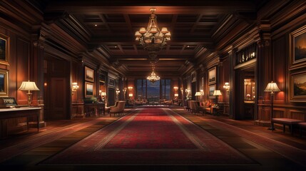Elegant hallway with rich wood paneling, chandeliers, and artwork. Red carpet leads to lounge