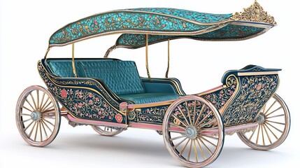 Naklejka premium Ornate carriage with teal & gold detailing, floral patterns, curved canopy, & wooden wheels