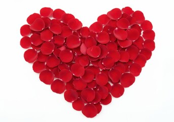 Red rose petals arranged in a heart shape isolated on white background