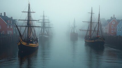 Fototapeta premium Historic sailing vessels in a misty harbor scene.