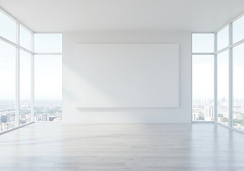Fototapeta premium A bright white room with large windows and a blank canvas on the wall overlooking a cityscape view