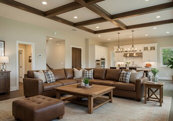 A spacious living room with a brown leather sectional sofa and a wooden coffee table and ceiling beams