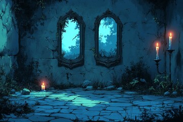 Obraz premium Night scene, ruined building, stone floor, mirrors, candles, overgrown
