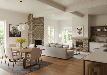 A bright open concept home interior with dining area, fireplaces, and modern furnishings visible