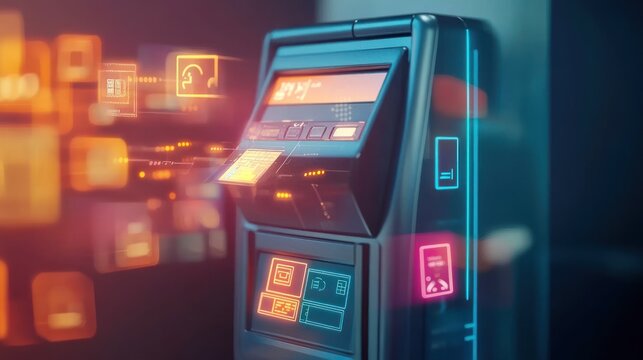 Futuristic automated teller machine with glowing interface and card insertion.