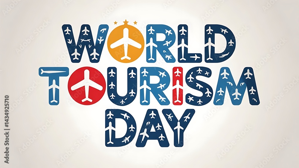 Fototapete a graphic design with the text world tourism day., with the airplane pattern filling the letters. th