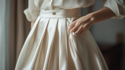 Elegant ivory satin skirt with subtle pleats and delicate detailing capturing timeless style