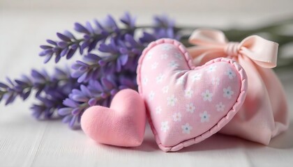  A heart-shaped lavender sachet resting beside a beautifully crafted Mother Day gift, soft pastel hues created with generative ai 