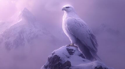 Fototapeta premium Majestic White Eagle Perched on Mountain Peak in Misty Atmosphere