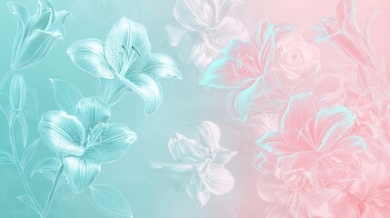 Radiant pastel gradient of aqua and baby pink with barely-there floral outlines of lilies and roses, creating a soft and elegant background.
