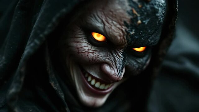 Close Up Glowing Eyed Monster Creepy Smile Dark Setting