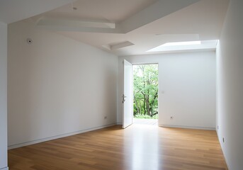 Obraz premium Interior view of a room with white walls and a wooden floor and an open door showing trees outside