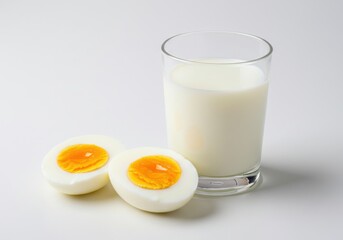 Halved boiled eggs with glass of milk isolated on white background