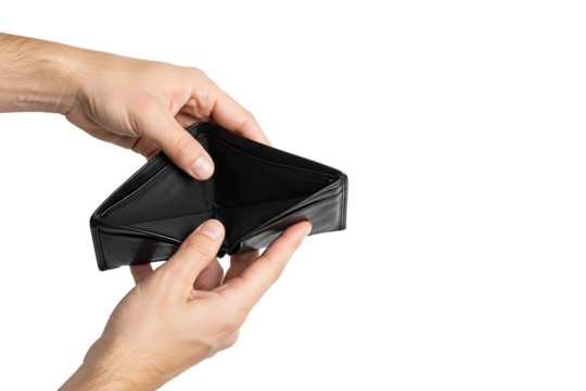 Empty black wallet in male hands isolated on transparent background 