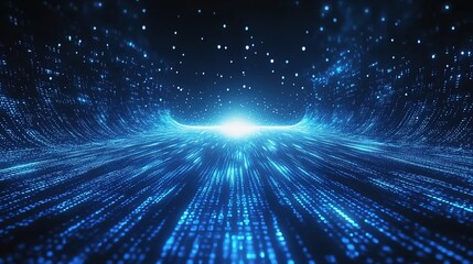 An abstract digital grid background with glowing blue grid lines and flowing data streams, dotted with orange and white lights, symbolizing technology and the digital future.
