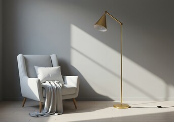 A cozy corner featuring a white armchair with a blanket and a gold floor lamp in a minimalist setting