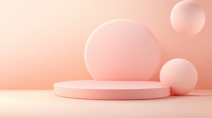 Pastel pink geometric display podiums and spheres.