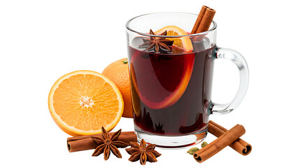 Mulled Wine with Orange and Cinnamon Stick Isolated on Transparent Background


