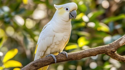 White cockatoo perched on a branch, eyes watching with nature's backdrop