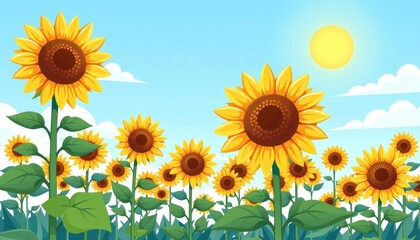 Fototapeta premium Vibrant Sunflowers Blooming Under a Sunny Sky in a Field A picturesque summer scene of sunflowers