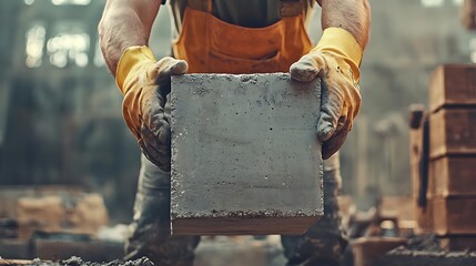 Construction Worker Holding a Concrete Block