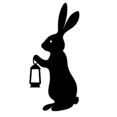 A standing bunny rabbit holding a lantern,silhouetted against a , simple graphic style on a transparent background