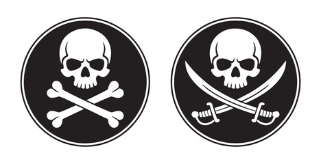 This image features two identical circular logos, each displaying a white skull and crossbones on a black background.