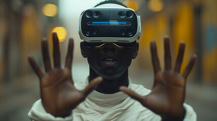 Virtual reality user engaging with immersive technology indoors  