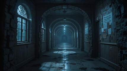 Fototapeta premium Close-up shot of a school hall transformed into a dark, dungeon-like space, eerie shadows and twisted hallways for a mystical nightmare