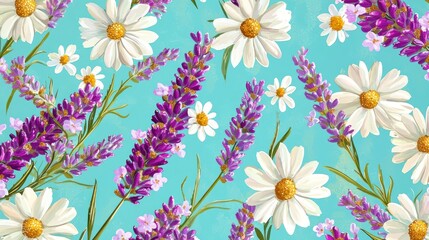 Repeating pattern of lavender sprigs, white daisies, and magenta cosmos, set against a radiant aqua background for vibrant backgrounds.