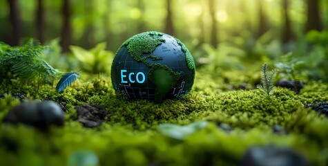 Eco friendly Nature of planet Earth Evergreen concept,  Moss Landscape, and Renewable Energy and High technology Icons for Eco-Friendly Branding