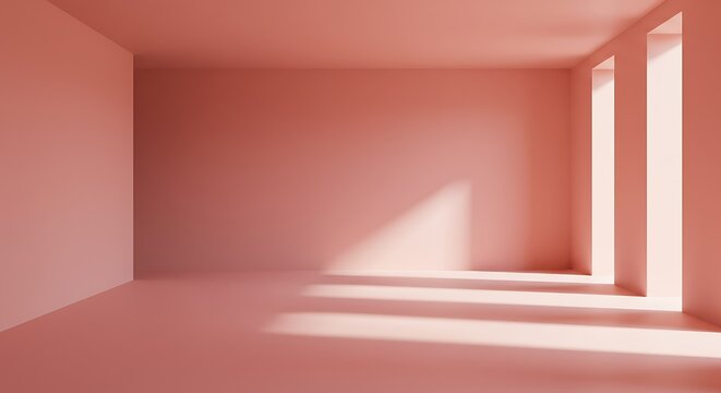 Blush Light Geometry Silent Rose Room Sunlit Coral Space Pink Minimalism A Soft Awakening Roseate Chamber Gentle Geometry Inner Light Coral Hues Sunbeams And Walls AI Generated