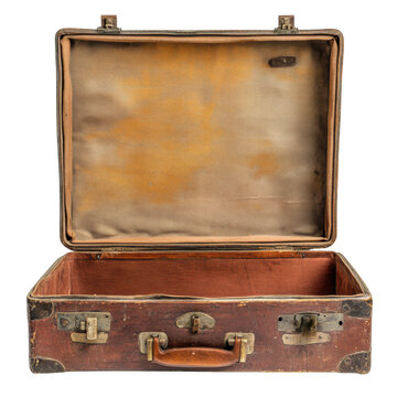 Old brown suitcase open isolated on transparent background. Clipping path included.