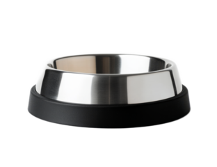 Closeup of shiny silver empty round metal dog cat food or water bowl object isolated on transparent background.	