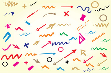 Hand drawn doodle wavy and curve pointer element seamless patterns. Scribble design elements like Arrows, stars, and swirls, perfect for creative and playful design projects. Vector EPS 10