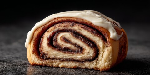 Fototapeta premium cinnamon rolls glistening with cream cheese frosting in extreme close-up, warm steam rising from the spiraled layers against a dark slate background, food photography lighting emphasizing the textures